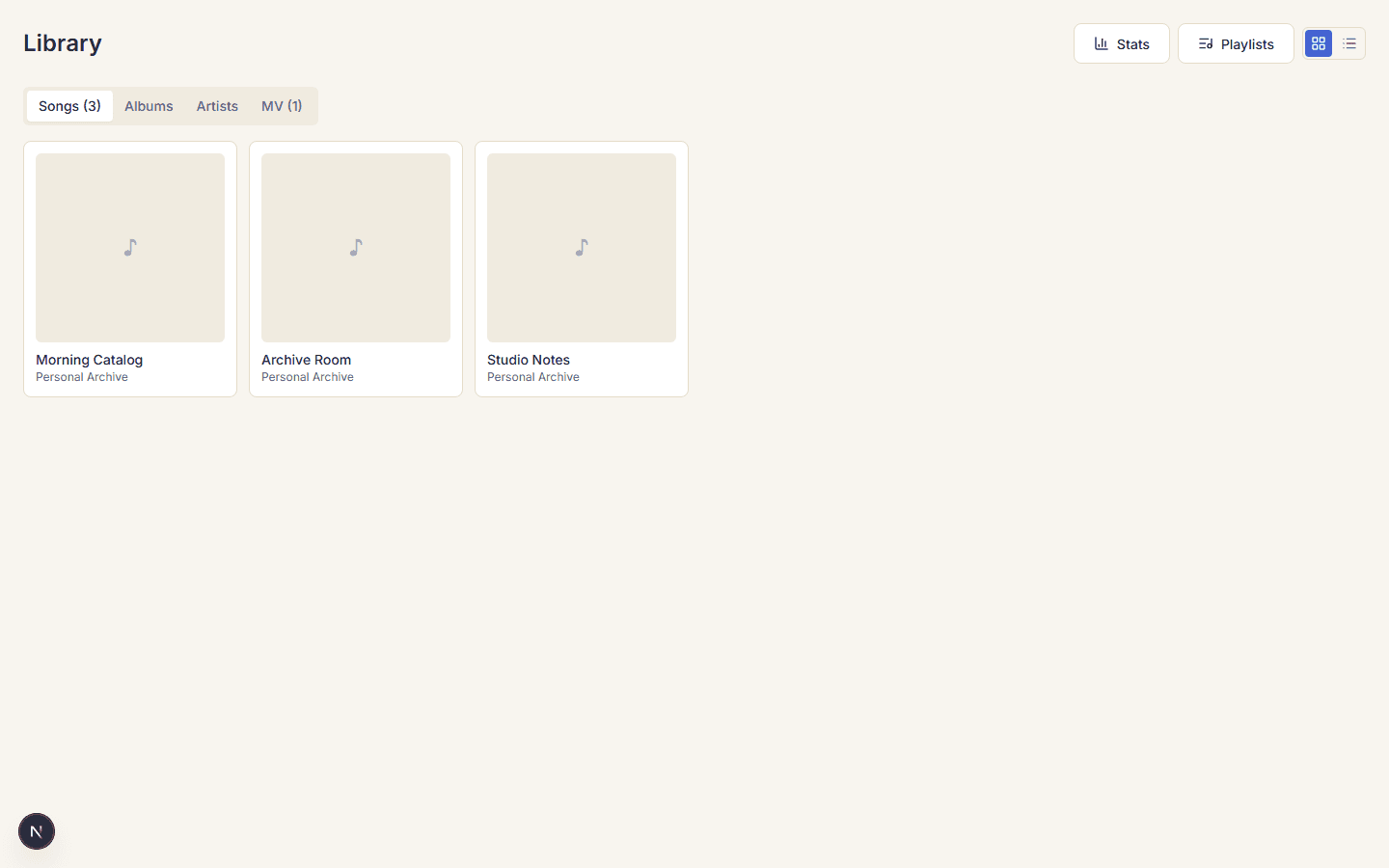Tunehome library screen for browsing a personal media collection